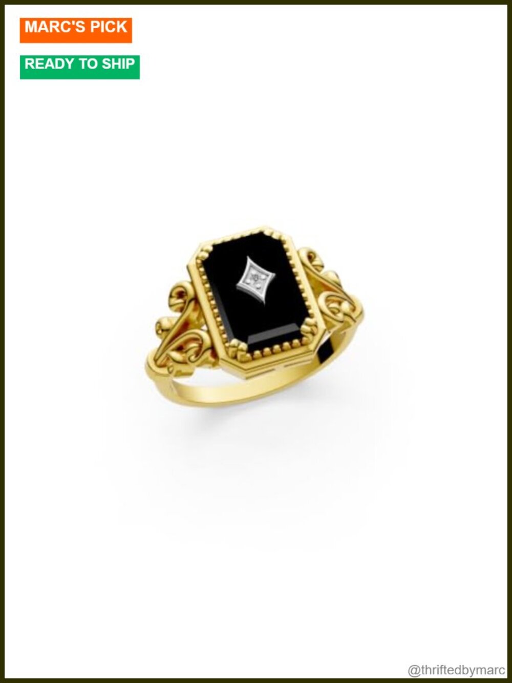 Art Deco Black Onyx 925 Sterling Silver Statement Ring for Women Yellow Gold